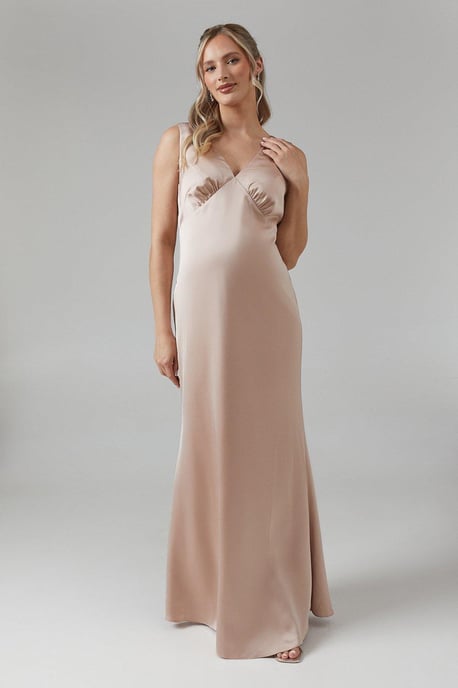 Maternity Bow Back V Neck Satin Bridesmaids Dress - Image 1