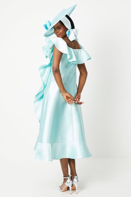 Lisa Tan Off Shoulder Ruffle Twill Midi Dress