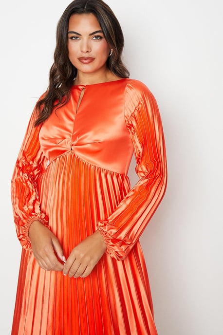 Twist Keyhole Pleated Satin Midi Dress