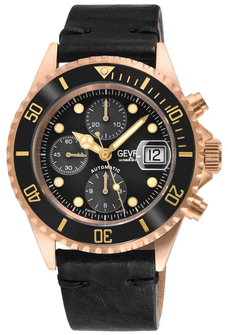 Gevril Mens Wall Street Swiss Automatic ETA 7750 Ceramic Bezel, Genuine Handmade Italian Leather Watch