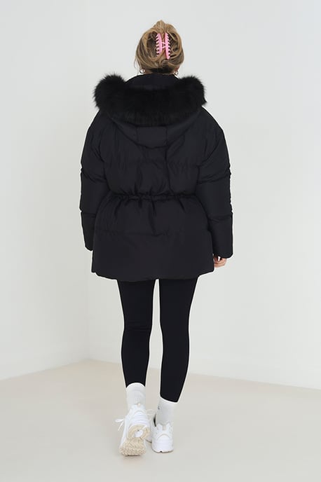 Black 'Narla' Mid Length Puffer Parka With Faux Fur Hood