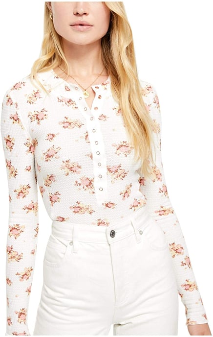 Free People Women's Blouse White Floral Knit Button-Up