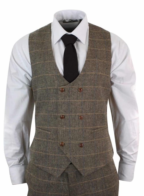 Heren 3-delig bruin visgraat tweed geruit pak - Image 4
