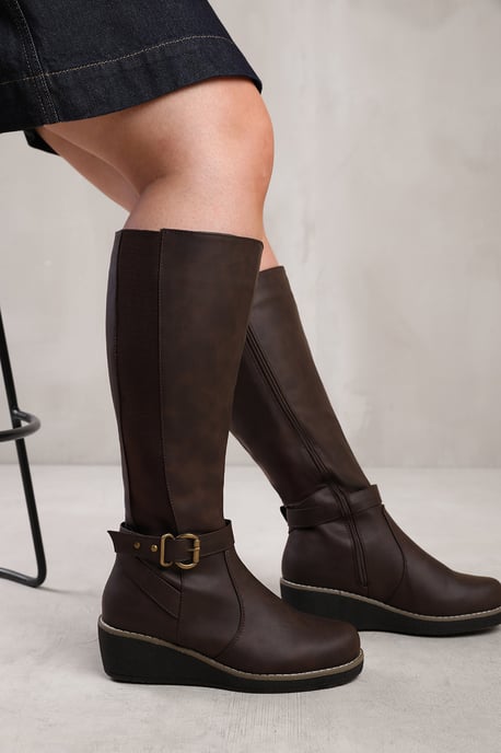 Wheres That From Womens 'Ayleen' Wide Calf Wedge Heel Knee High Boots With Elastic Panel