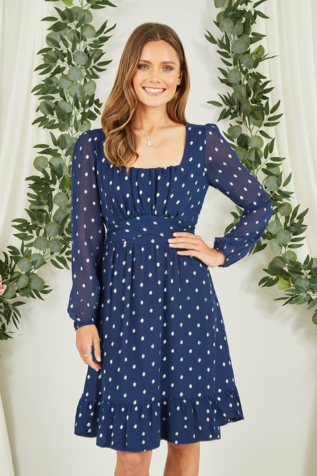 Navy Foil Print Long Sleeve Skater Dress With Wrap Tie Waist