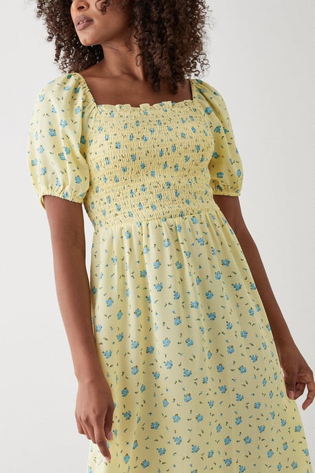 Yellow Ditsy Floral Shirred Midi Dress - Image 2