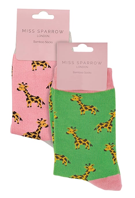 Set van 2 sokken met dierenprint voor meisjes | Miss Sparrow | Casual grappig patroon crew bamboe sokken | Grappige nieuwe sokken voor kinderen - Giraffen - Image 2