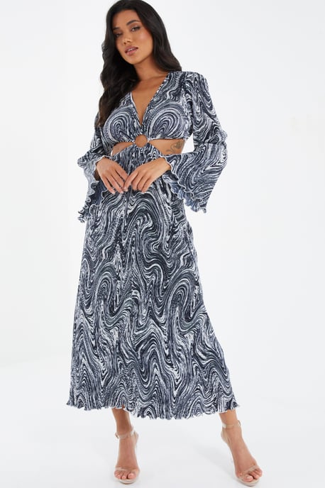 Black Plisse Swirl Midaxi Dress