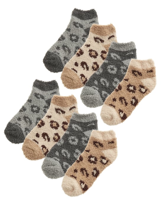 8 paar multiverpakking pluizige enkelsokken voor dames | Nieuwe sokken met dierenprint voor dames - Grijs / Beige - Image 1