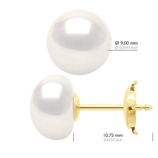 Earrings - Yellow Gold - Real Cultured Freshwater Pearls Button 9-10 mm