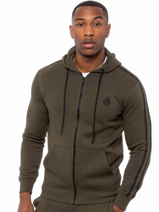 Enzo | Mens Zip Up Tape Hoodie Tracksuit Set - Khaki
