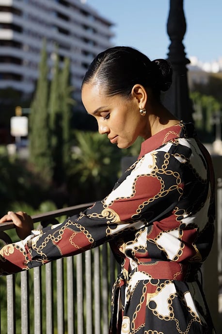 Black Multi Print Zip Front Belted Midi Dress