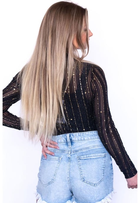 Dames Mesh Mock Neck Lange Mouw Bodysuit in Zwart - Image 3