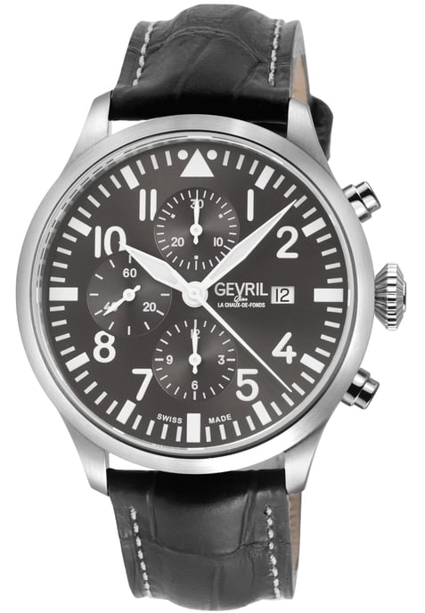Gevril Vaughn Chronograph Grey Leather Swiss Automatic ETA 7750 Watch
