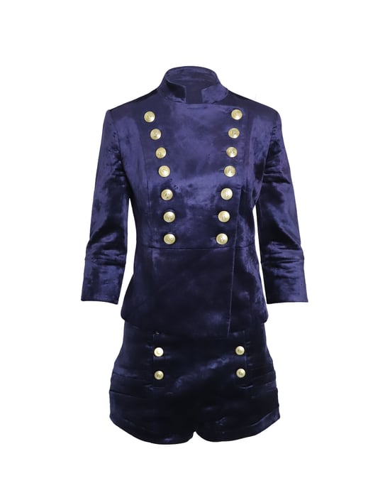 Pierre Balmain Militair Blazer en Shorts Set in Blauw Velours - Image 1