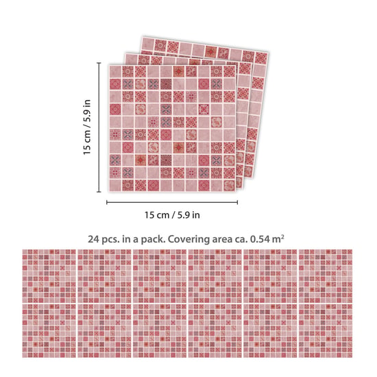 Pink Marble Vintage Azulejo Mosaic Wall Tile Sticker Set - 15cm (6inch) - 24pcs one pack Self Adhesive DIY Wall Sticker