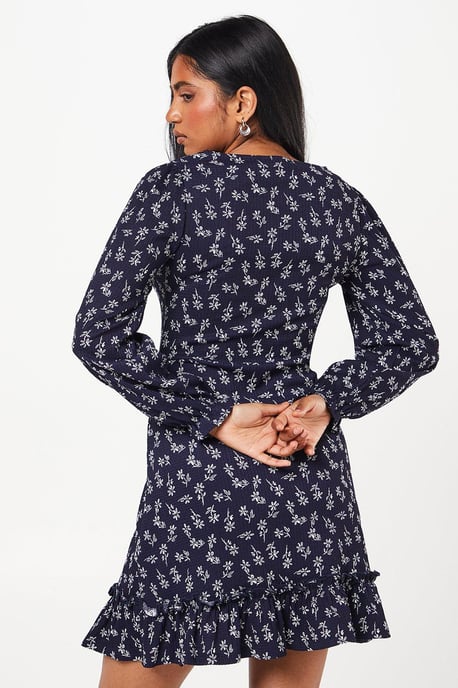 Petite Navy Ditsy Ruffle Hem Mini Dress
