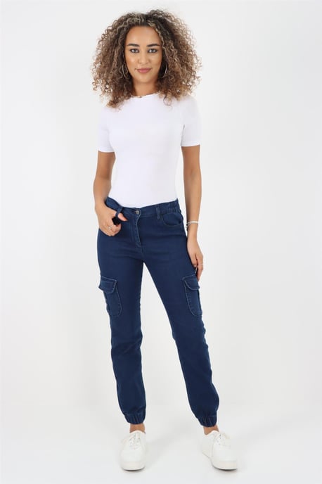 Damesjeans met elastische taille en zelfboeien in donkere stonewash - Image 6