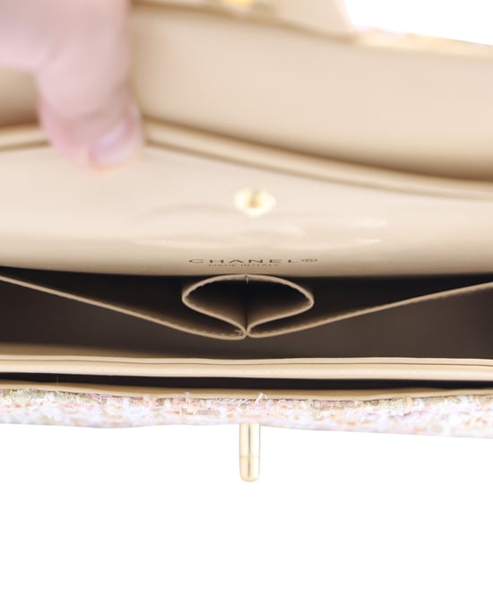 Chanel Classic Flap Shoulder Bag with Gold Tone Metal  in Pastel Pink Tweed and Leather