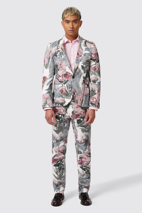Dali Skinny Fit White Cotton Floral Suit