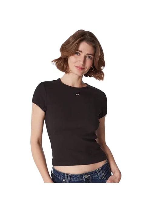 T-shirt Universal Essential Côtelé Tommy Hilfiger voor dames in zwart - Image 1