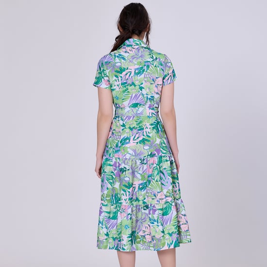 Tropical print midi shirt dress