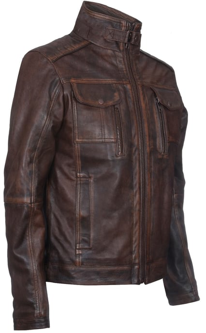 Leather biker and motorcycle jacket with a worn look
