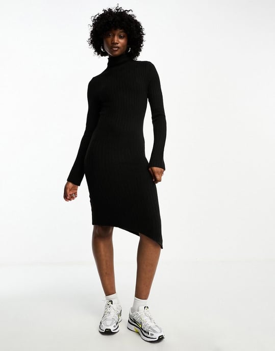 COLLUSION knitted asymmetric hem midi dress in black