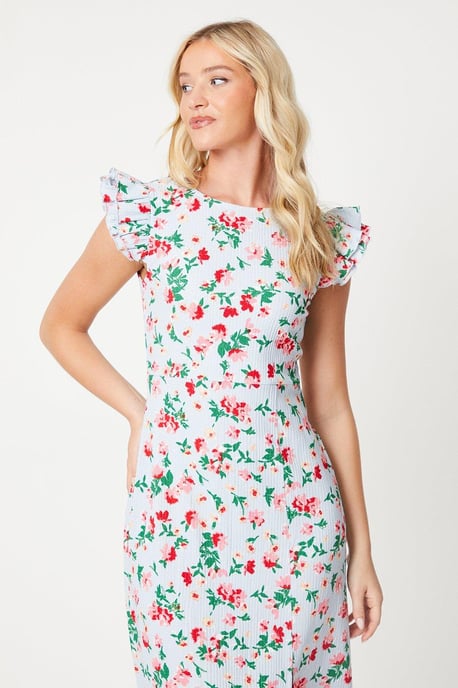 Floral Frill Detail Sleeve Midi Dress