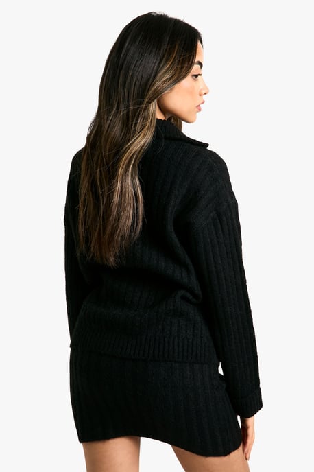 Soft Knit Thick Rib Zip Neck Oversized Jumper And Mini Skirt Set - Image 2