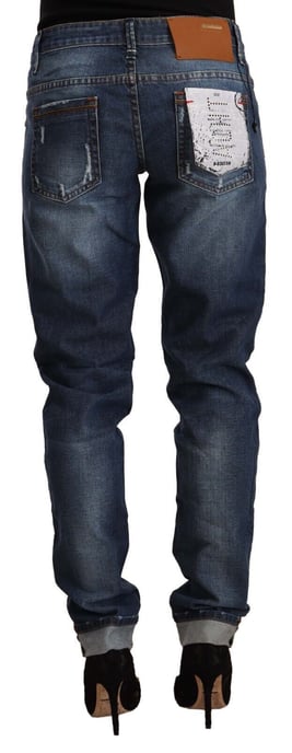 Acht Dames Blauw Gewassen Midden Taille Slim Fit Denim Opgerolde Zoom Jeans - Image 3