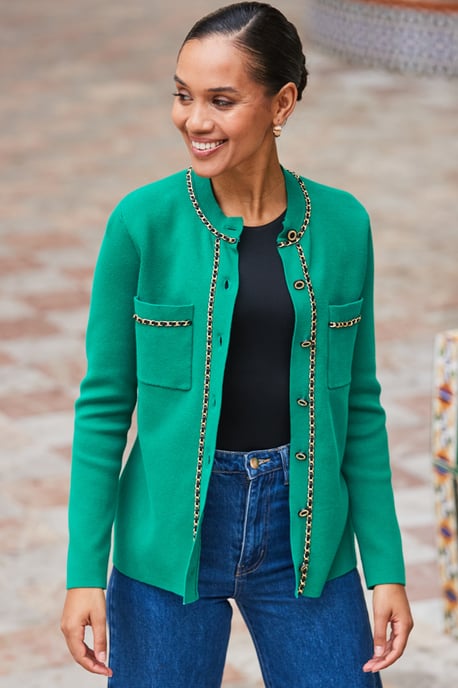 Green Pocket Front Cardigan With Chain Trim Detail