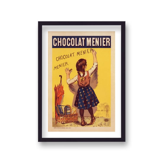 Vintage French Advertising Print Menier Chocolat Young Girl Writing on Wall - Black Frame