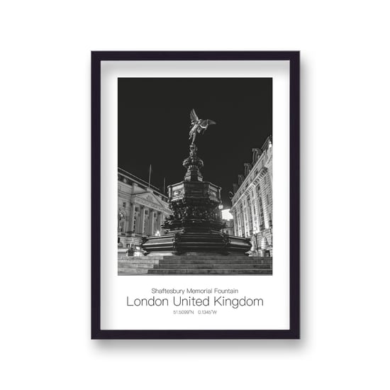 Polaroid Style B&W Travel Print Shaftesbury Memorial Fountain London United Kingdom - Black Frame