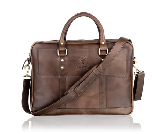 Woodland Leather Brown Landscape Tote Style Satchel Briefcase Central Zip 16.0" Top Zip Pocket - Image 1
