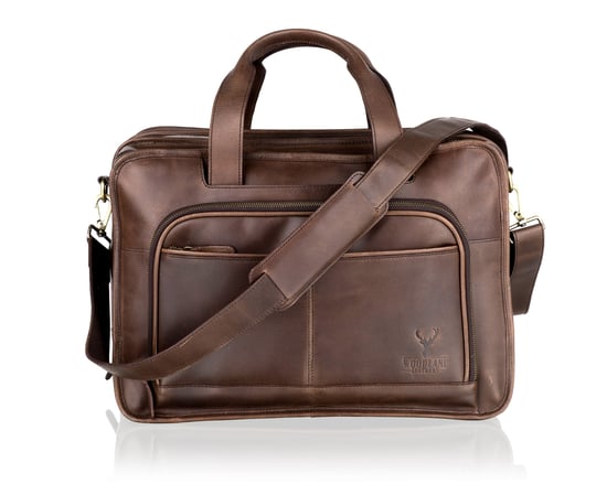 Woodland Leather Large Brown Satchel Briefcase, Flap Over 18.5" Multi Zip Pockets