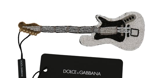 Dolce & Gabbana White Guitar Sequin Beaded Branded Lapel Pin Brooch