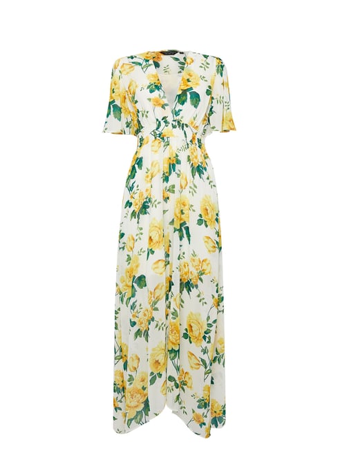Dorothy Perkins Womens Yellow Floral Print Midi Short Sleeve V Neck Dress