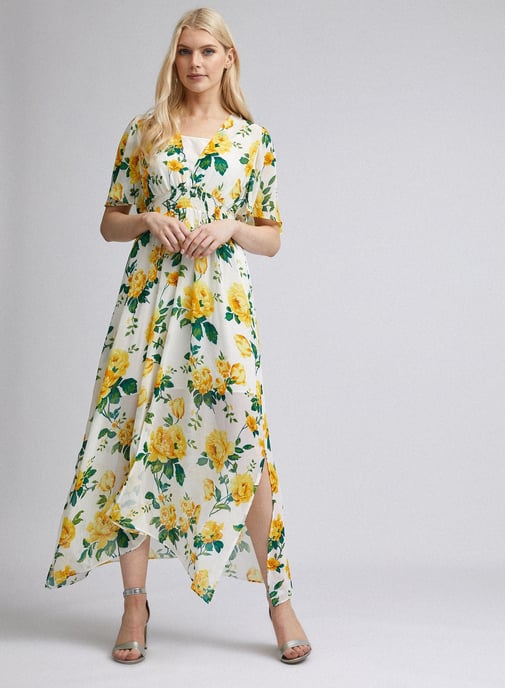 Dorothy Perkins Womens Yellow Floral Print Midi Short Sleeve V Neck Dress