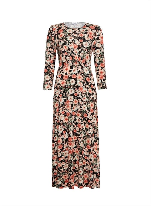 Dorothy Perkins Womens Tall Black Floral Dress 3/4 Sleeve Round Neck Relaxed