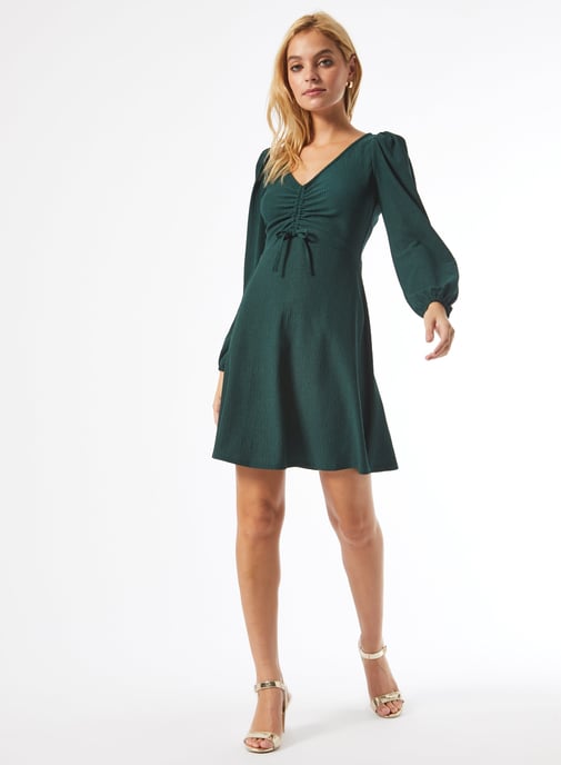 Dorothy Perkins Womens Petite Green Ruched Mini Dress Long Sleeve V-Neck