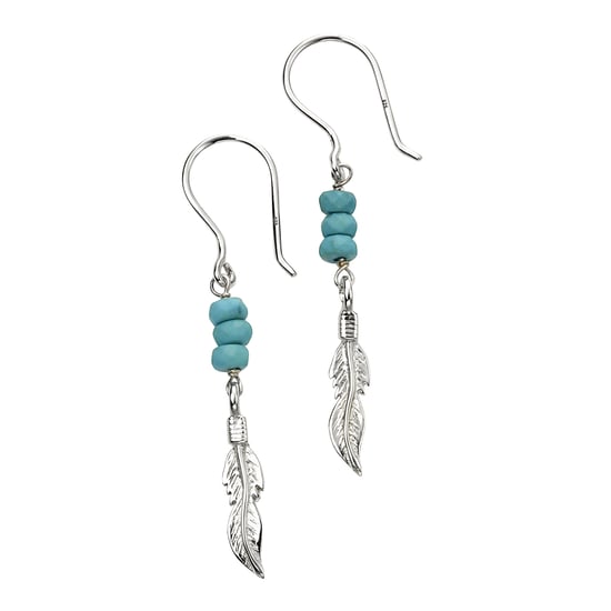 Beginnings 925 Sterling Silver Ladies' Blue Magnesite Stone Silver Feather Charm Drop Hook Earrings
