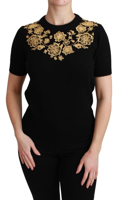 Dolce & Gabbana Zwarte Kasjmier Gouden Bloemen Trui Top - Image 1