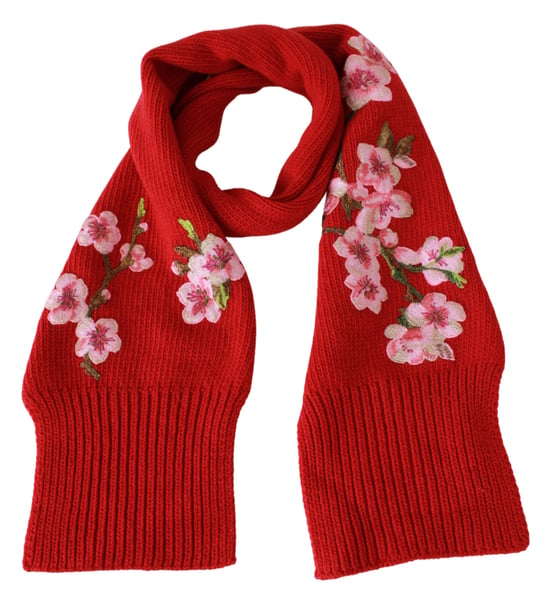 Dolce & Gabbana Red Floral Embroidered Wrap Cashmere Scarf