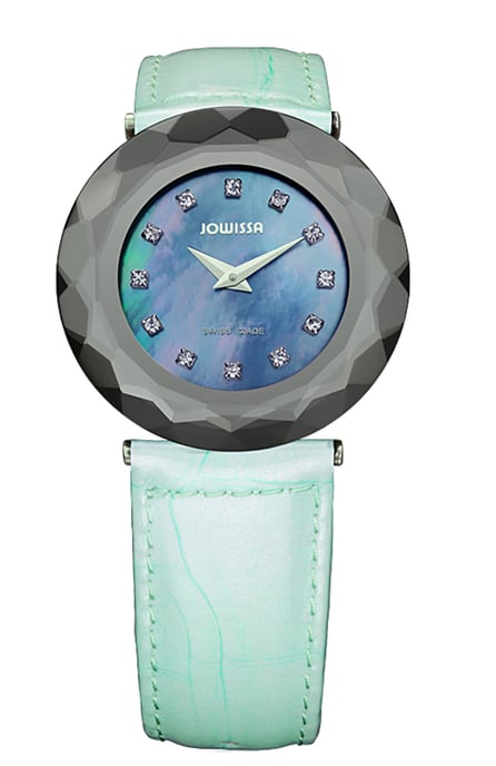Jowissa Women's Safira 99 Rhinestone Mother-of-Pearl Light Blue Leather Watch