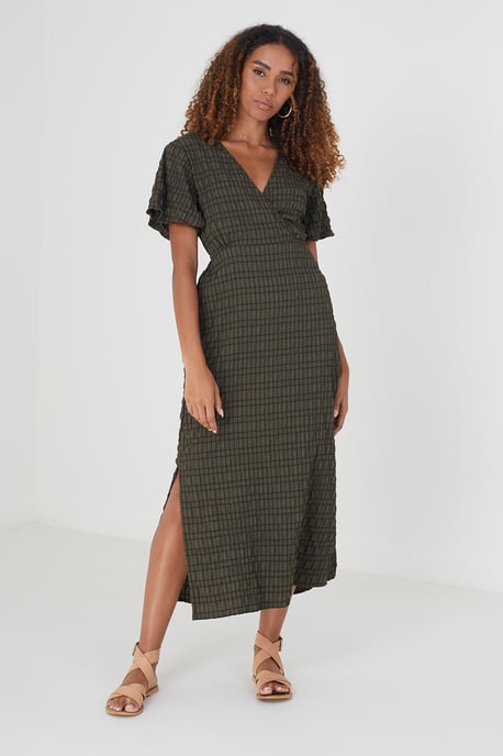 Khaki 'Sherry' V-Neck Midi Dress