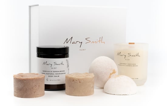 Mary Smith Complete Bath & Body Set with 100% Naturally Scented Beeswax Candle- Vanilla & Sandalwood