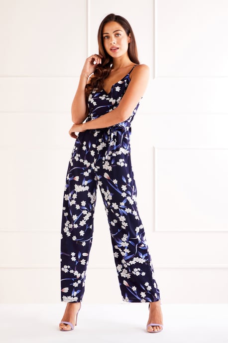 Navy V Neck Floral Jumpsuit