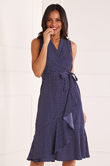 Polka Dot Wrap Front Midi Dress