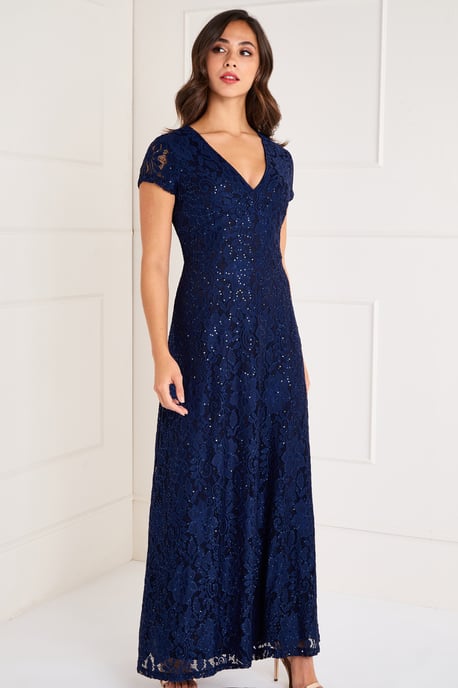 Navy Embellished V Neck Lace Maxi Dress